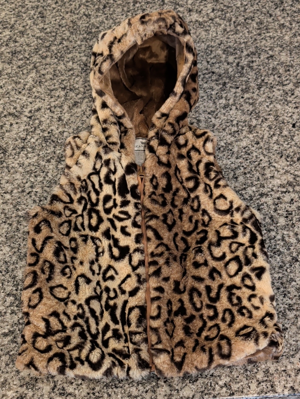 Kids Faux Fur Leopard Print Hooded Vest - Tan/Black